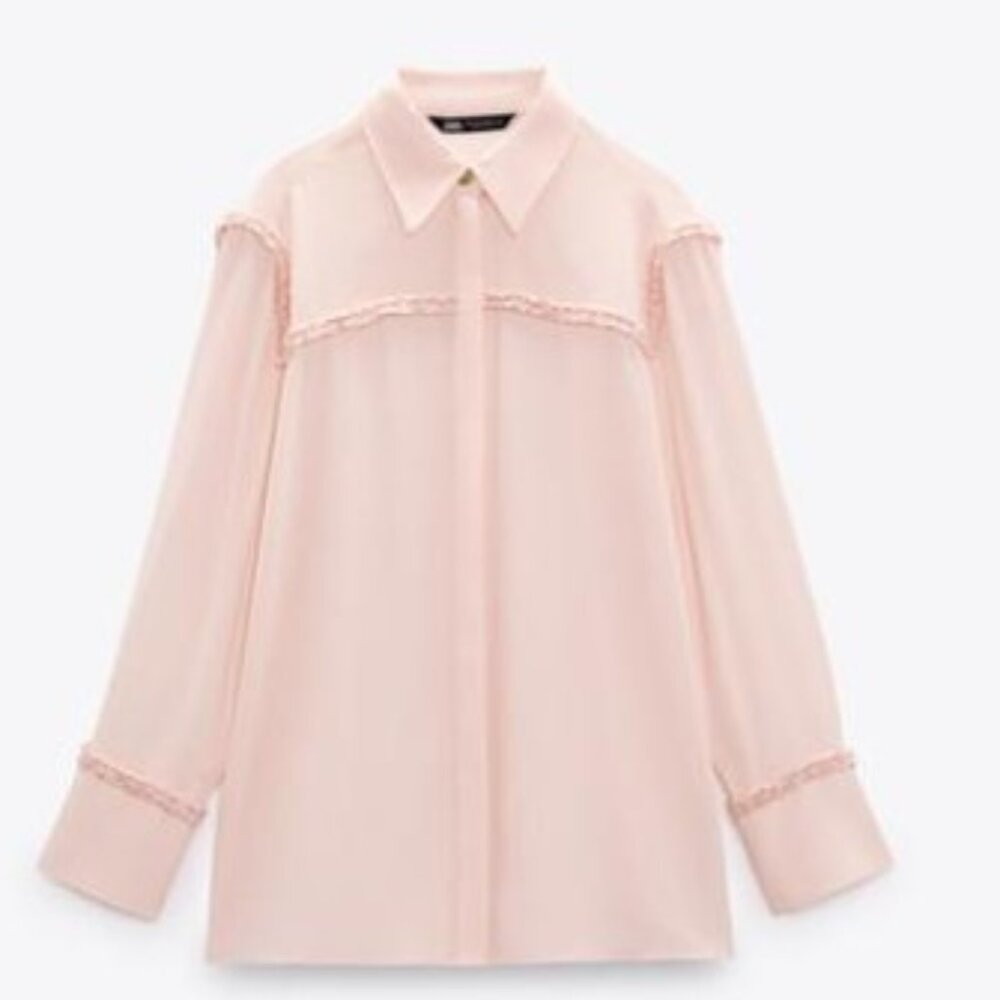 Zara Contrast Textured Appliqué Long Sleeve Shirt Pastel Pink M